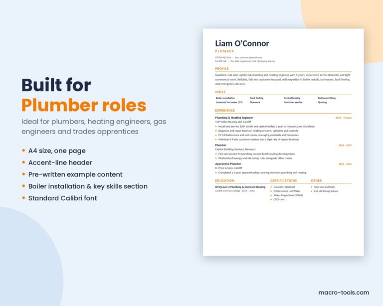 Plumber resume template features