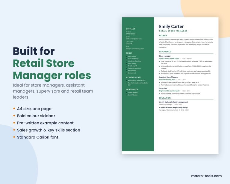 Retail Store Manager resume template features