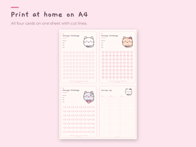 Kawaii Cat Savings Challenge – 3 A6 Savings Trackers for Budget Binders