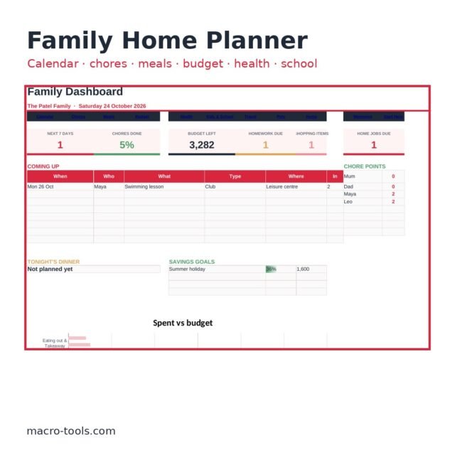 Family Home Planner – All-in-One Excel Organiser (Calendar, Chores, Meals, Budget, Kids, Pets)