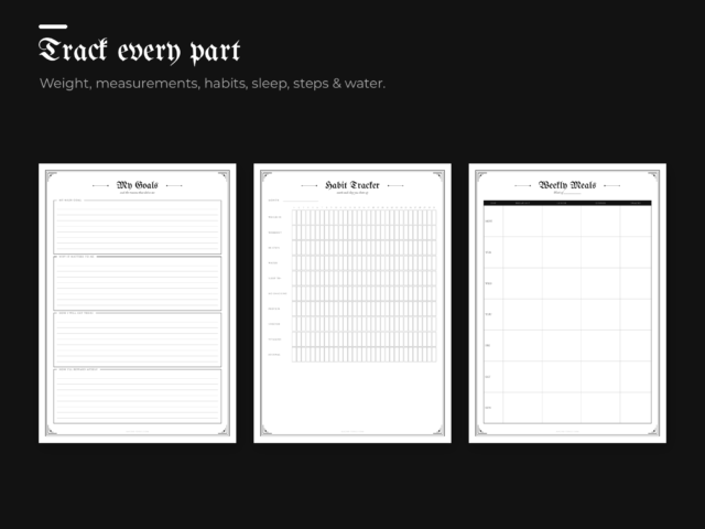 Gothic Fitness & Weight Loss Planner – 40 Printable Pages (Letter, A4, A5, A6)