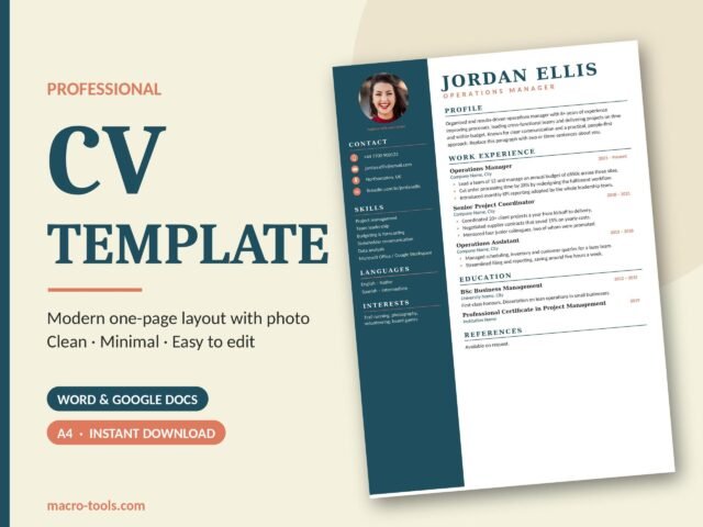 Modern One-Page CV Template – Teal Sidebar with Photo (Word)