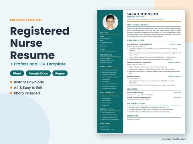 Registered Nurse Resume Template – RN CV with Photo (Word)