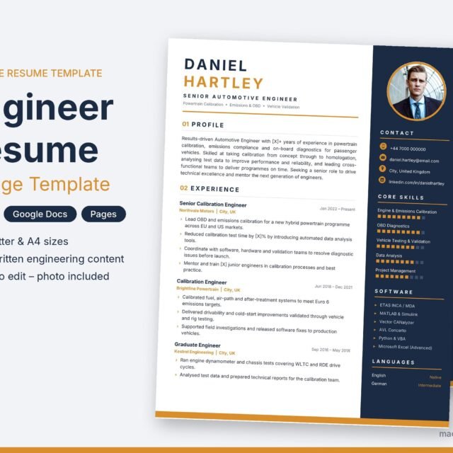 Engineer Resume Template – 2-Page Professional CV with Photo (Word, Google Docs)