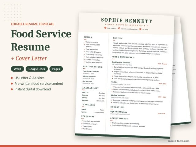 Food Service Resume & Cover Letter Template (Word, Google Docs)