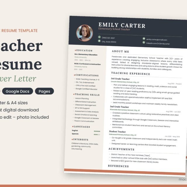 Teacher Resume & Cover Letter Template with Photo (Word, Google Docs)