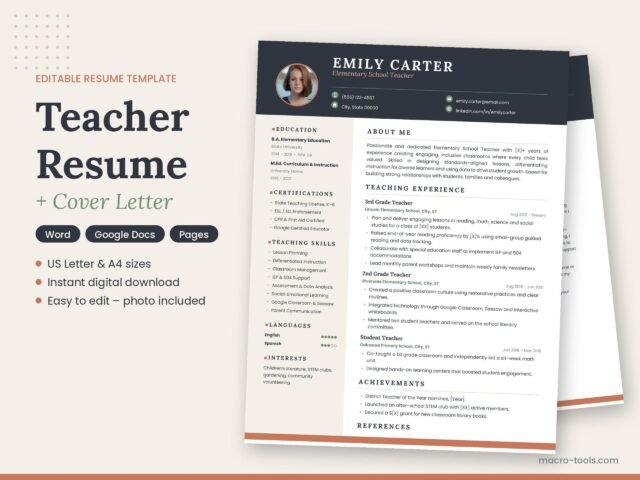 Teacher Resume & Cover Letter Template with Photo (Word, Google Docs)