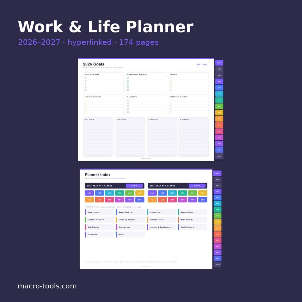 Work & Life Planner 2026–2027 – Hyperlinked PDF for OneNote, GoodNotes & Notability
